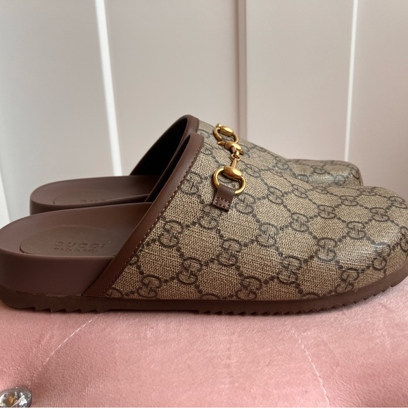 Designer Inspired Beige and Brown Mules with Gold Accents - Picture 5 of 7